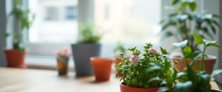 Small pots with plants in them inside a small apartment