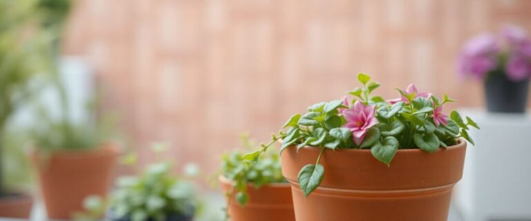 Small clay pots in focus, with a fading brink wall behind them