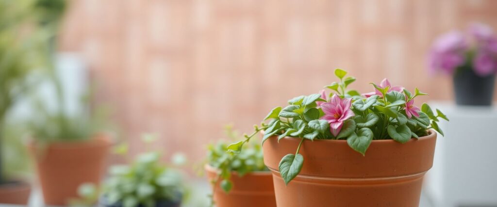 Small clay pots in focus, with a fading brink wall behind them